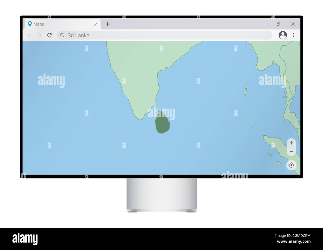 Computer monitor with map of Sri Lanka in browser, search for the