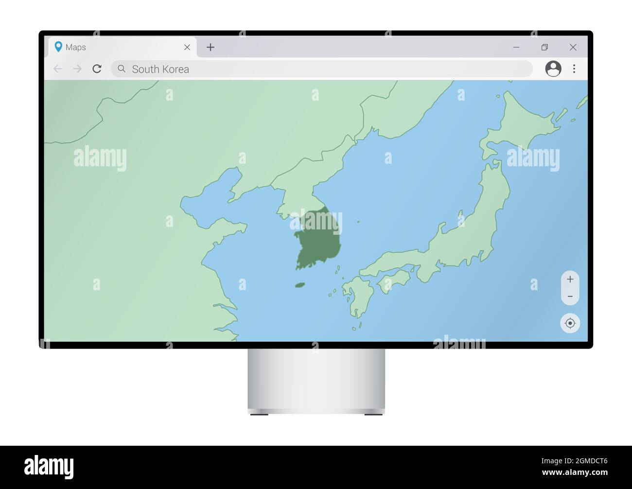 Computer monitor with map of South Korea in browser, search for the country of South Korea on the web mapping program. Vector template. Stock Vector
