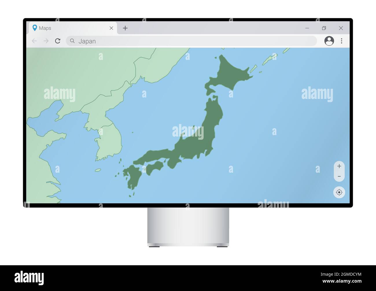 Computer monitor with map of Japan in browser, search for the country