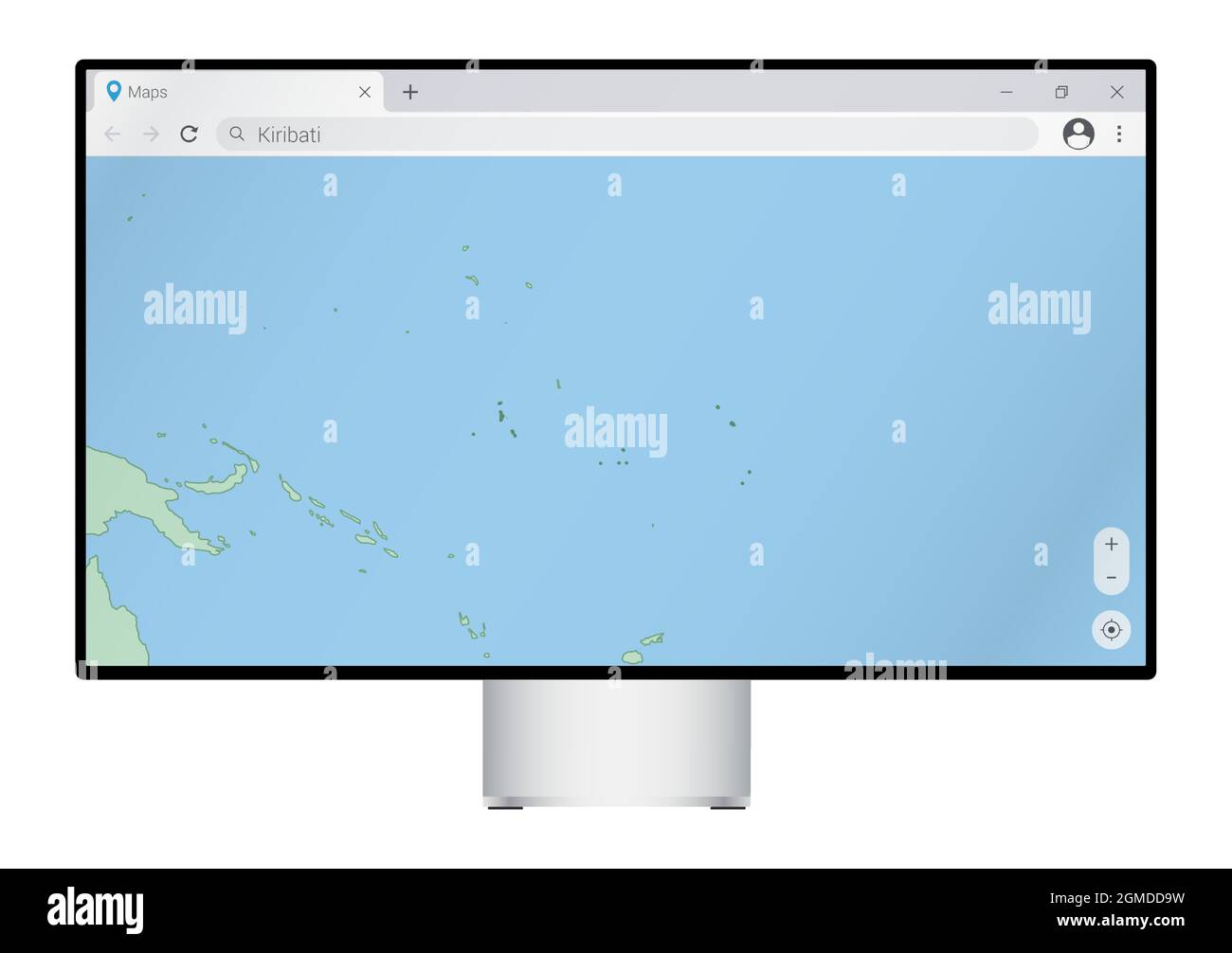 Computer monitor with map of Kiribati in browser, search for the country of Kiribati on the web mapping program. Vector template. Stock Vector