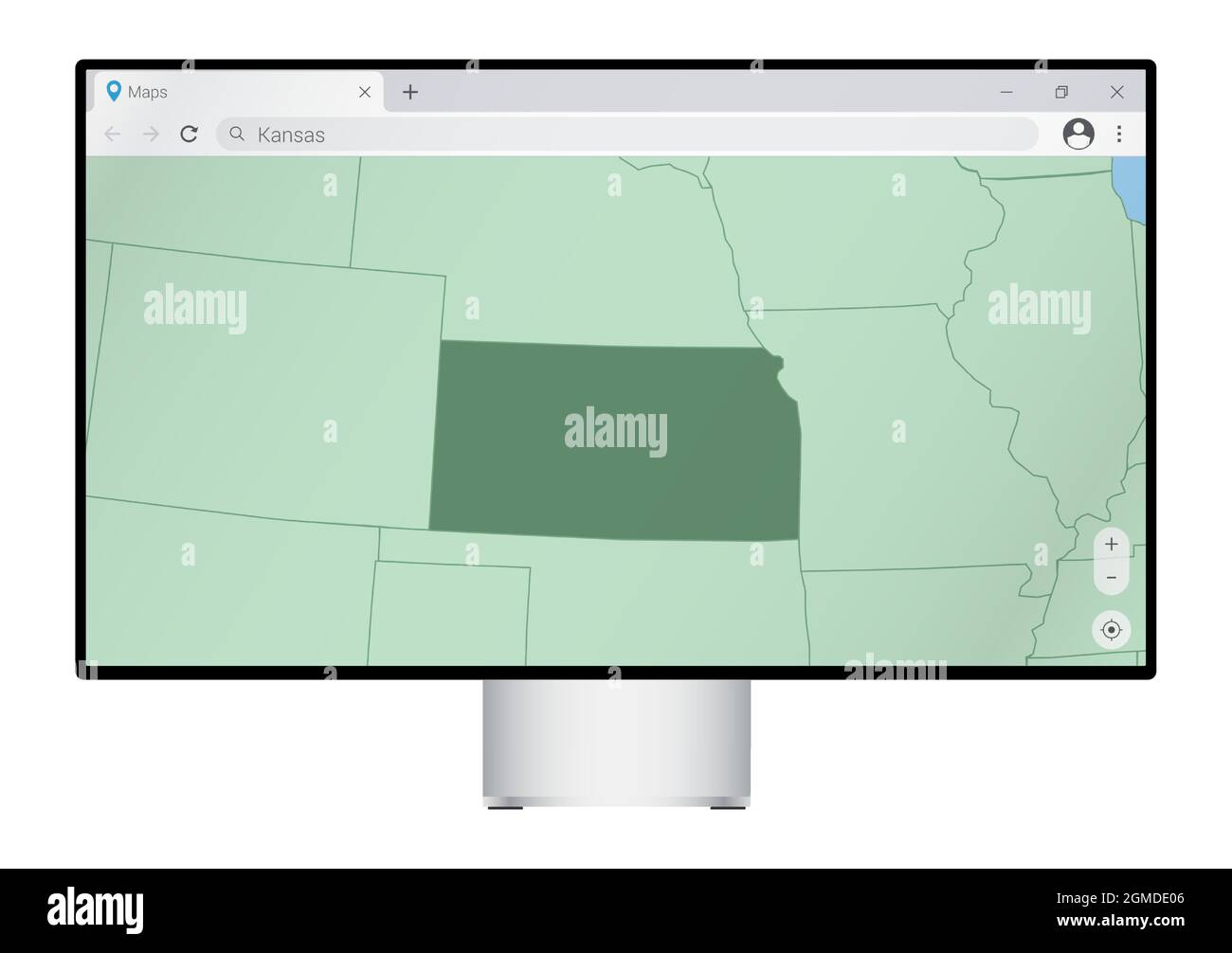 Computer monitor with map of Kansas in browser, search for the country of Kansas on the web mapping program. Vector template. Stock Vector