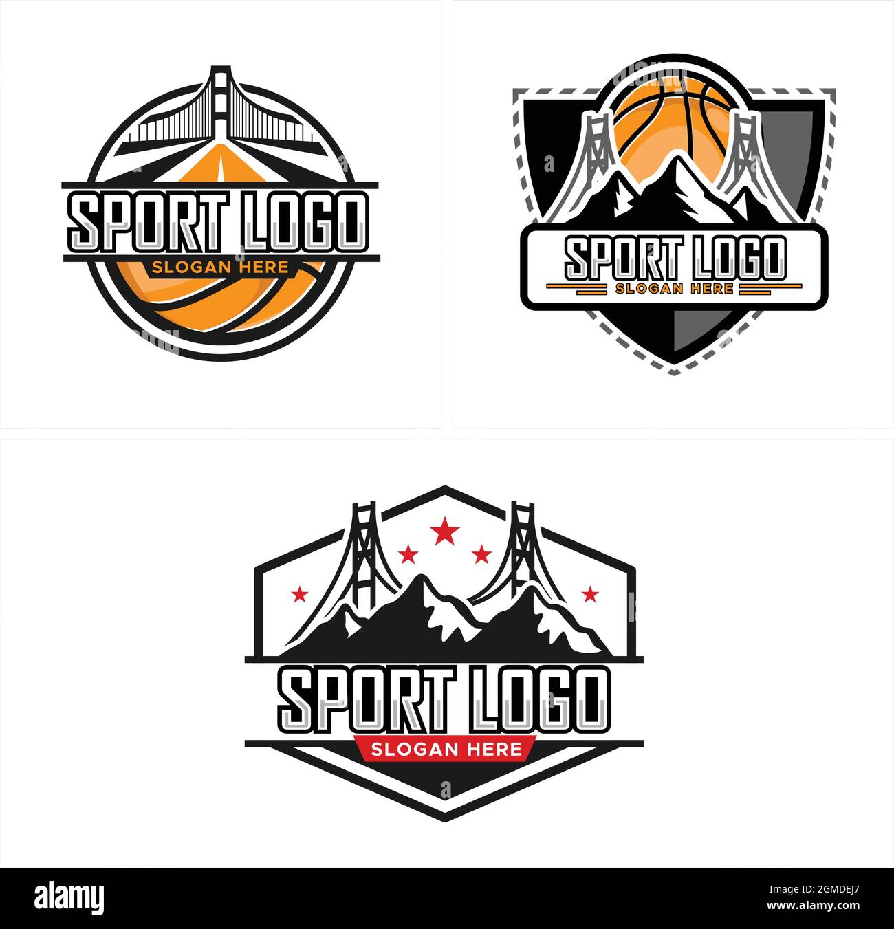 Basketball sport bridge city mountain emblem logo design Stock Vector