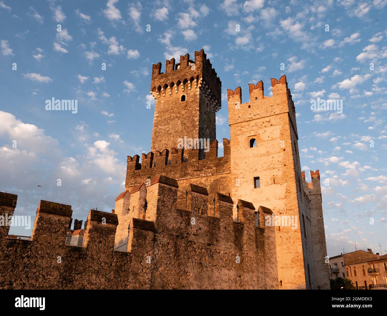 Scaligero Castle in Sirmione on Lake Garda, Lombardy, Italy in the Morning with Tower and Walls Stock Photo