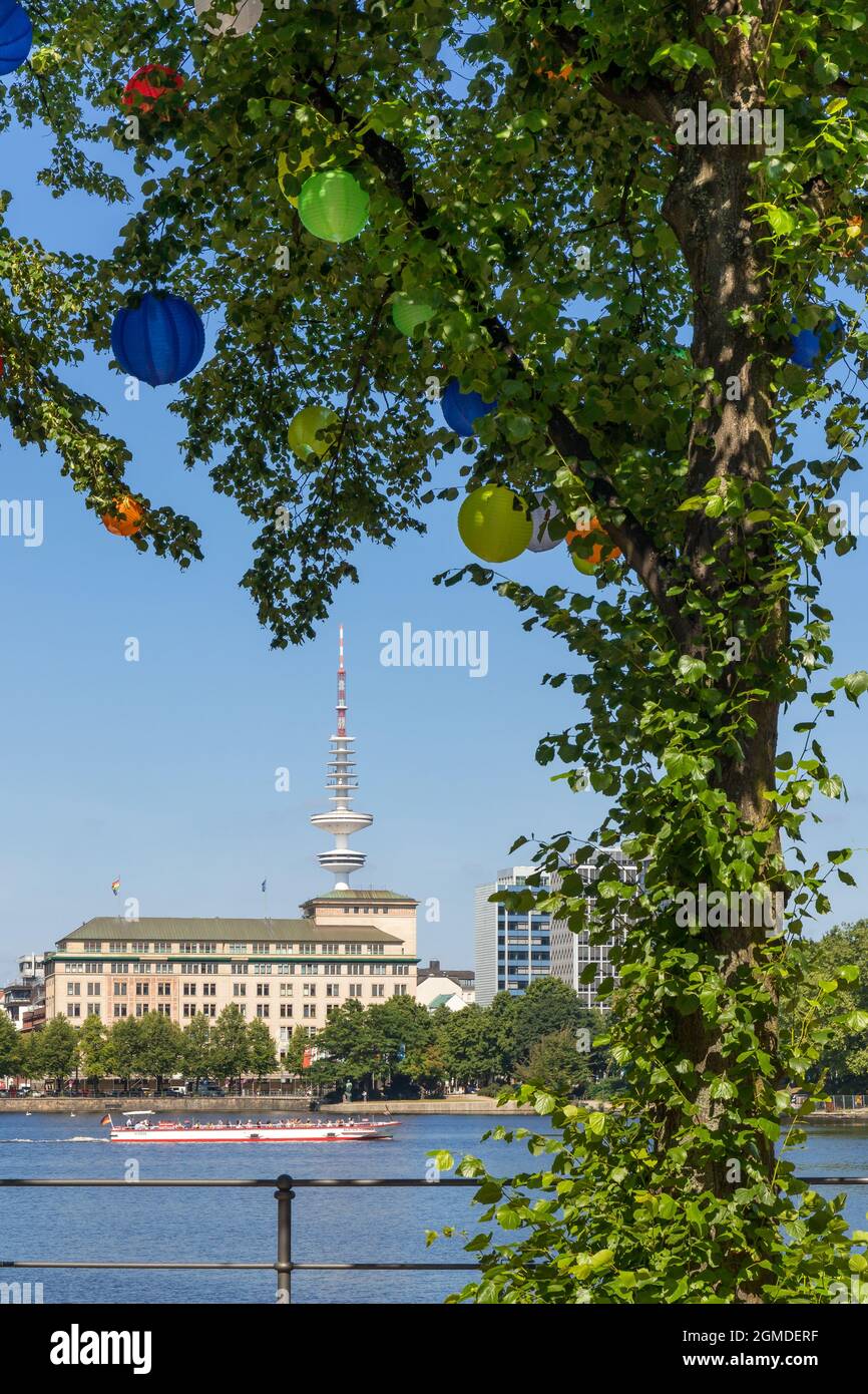 View from the Inner Alster lake to the television tower, Hamburg, Germany, Europe Stock Photo