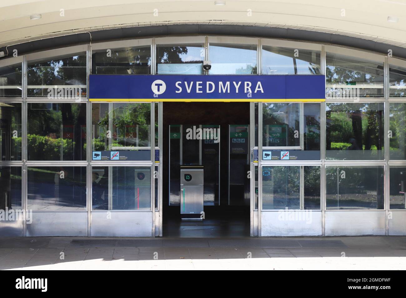 Stockholm, Sweden - August 31, 2021: Exterior view of the entrance to the suburban Svedmyra metro station. Stock Photo