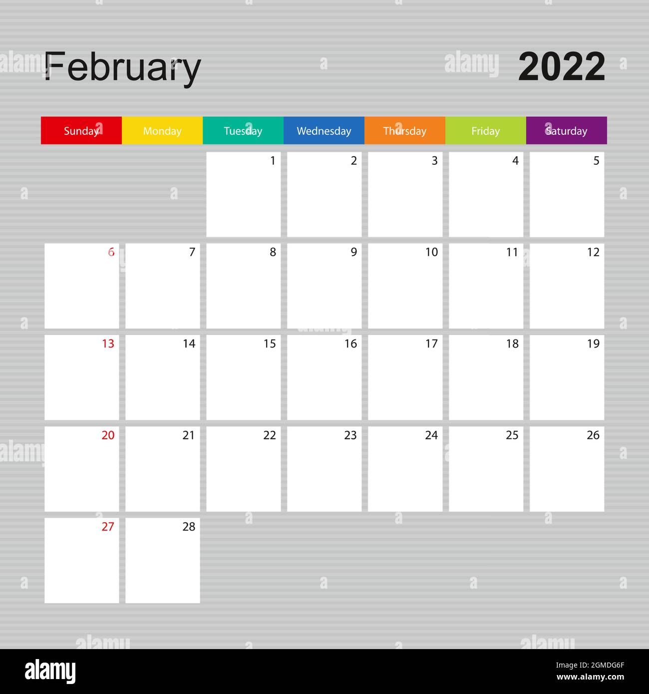 Сalendar Page For February 2022, Wall Planner With Colorful Design. Week  Starts On Sunday. Vector Calendar Template Stock Vector Image & Art - Alamy