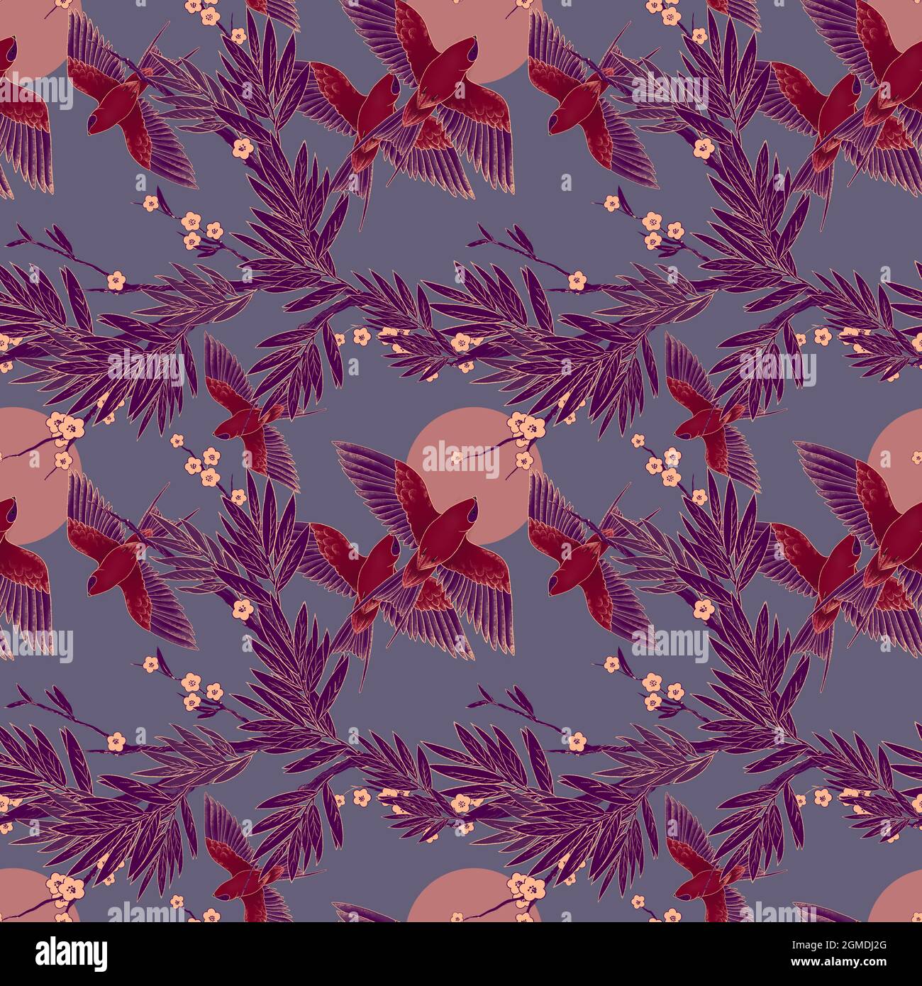 Seamless pattern in chinoiserie style with birds and flowers. Bloom. Chinoiserie inspired. Vintage floral illustration Stock Photo
