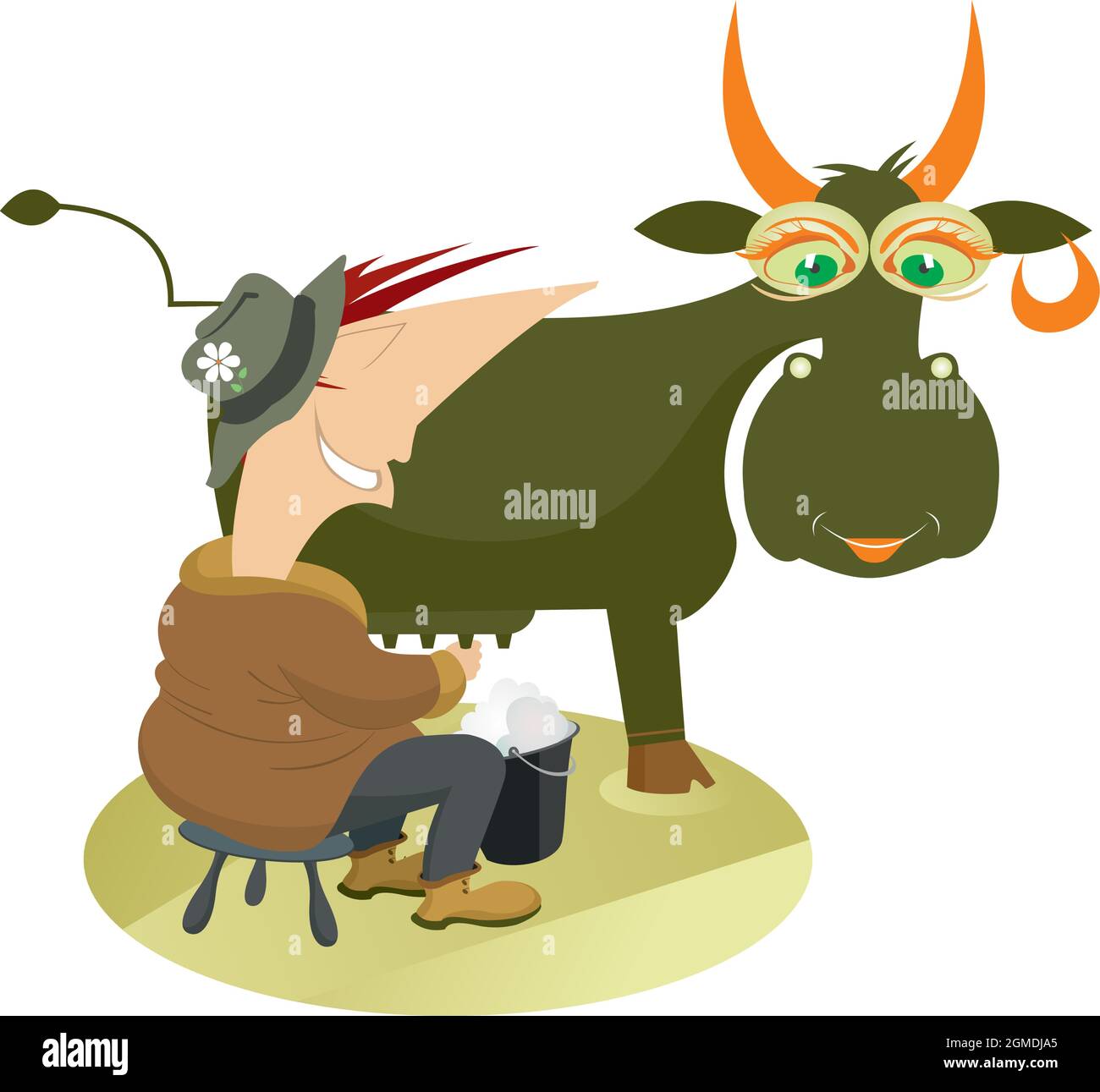 Happy cow illustration while the farmer milking - Edible Cake