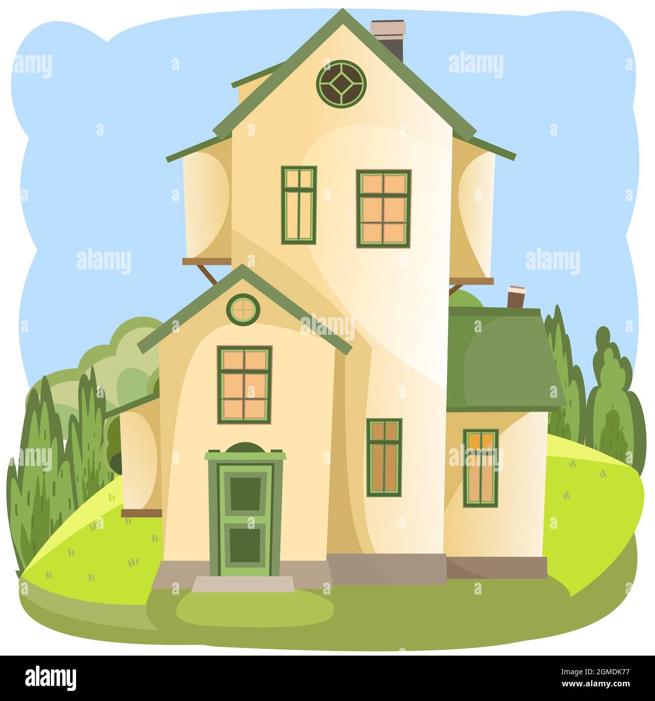 Cartoon house in the meadow. Summer. Beautiful view. Cozy rustic dwelling  in a traditional European style. Rural landscape. Nice funny home. Isolated  Stock Vector Image & Art - Alamy