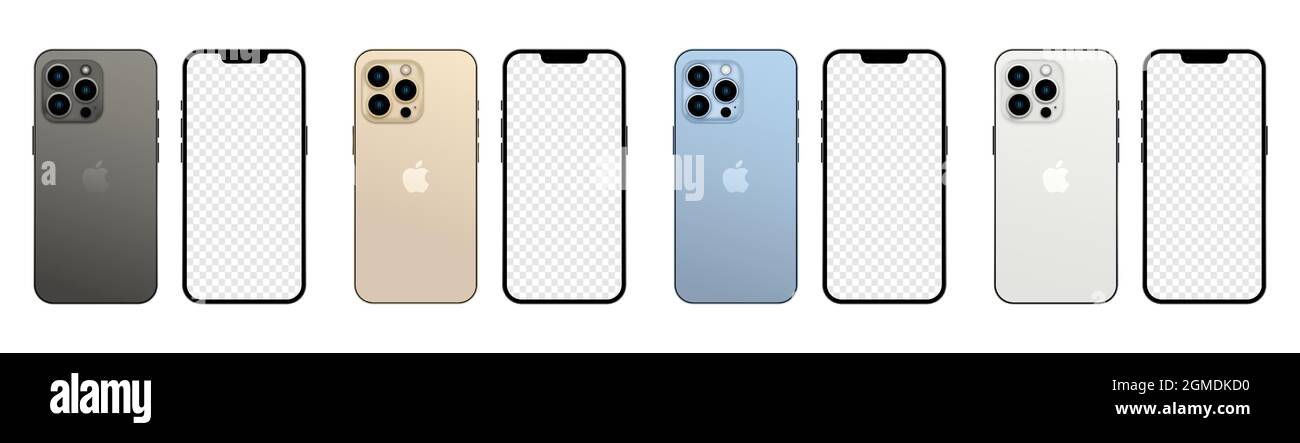 New iphone 13 pro in four colors (Sierra Blue, Silver, Gold, and Graphite) by Apple Inc. Mock up screen iphone and back side phone. Vector illustratio Stock Vector