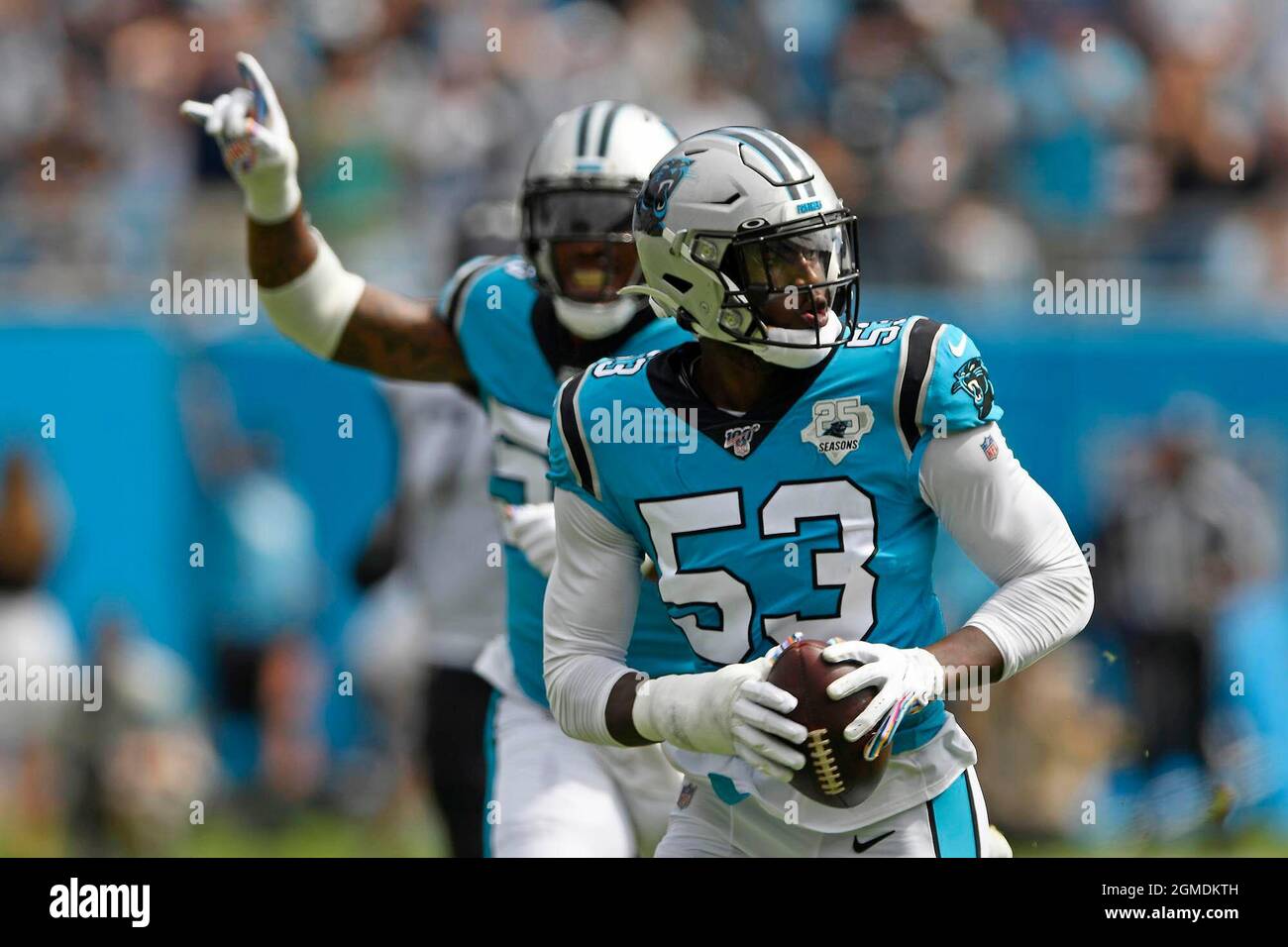 Charlotte, USA. 03rd July, 2018. Carolina Panthers linebacker Brian Burns (53) picks up a Jacksonville Jaguars fumble and returns it for a touchdown in a 2019 game at Bank of America Stadium in Charlotte, N.C. (Photo by David T. Foster III/Charlotte Observer/TNS/Sipa USA) Credit: Sipa USA/Alamy Live News Stock Photo