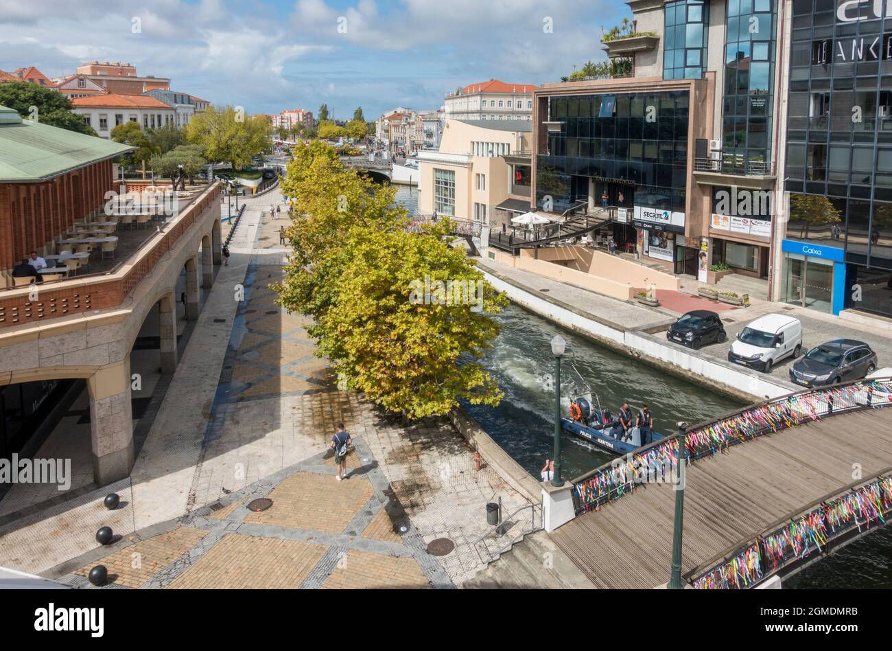Aveiro, Portugal, Cais de cojo canal with modern hotels and Forum commercial centre, Europe Stock Photo