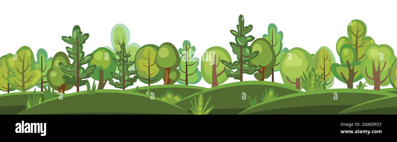 Flat forest. Horizontal seamless composition. Cartoon style. Funny green rural landscape. Level the game. Comic background design. Cute scene with Stock Vector