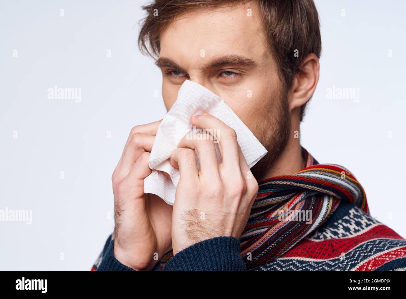 emotional man with a handkerchief health problem flu symptoms isolated ...