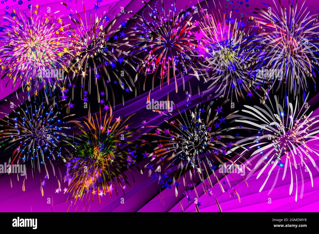 Fireworks abstract background black gold silver red blue yellow lilac