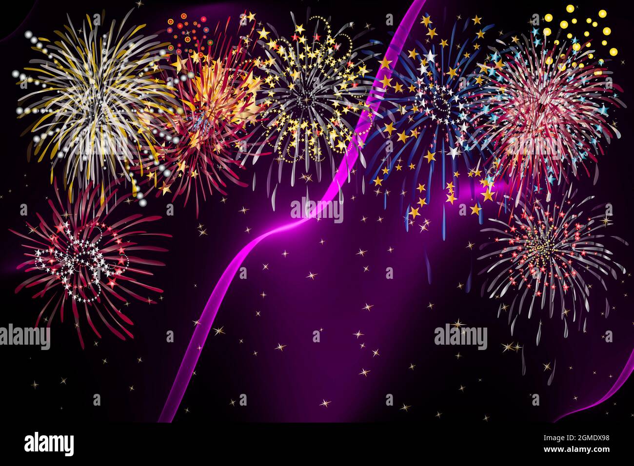 Fireworks abstract background black gold silver red blue yellow lilac