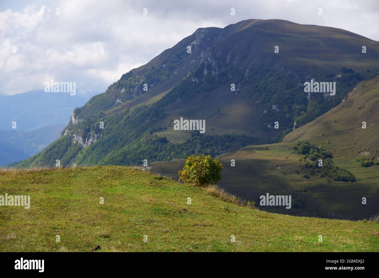 Caucasus alpine meadow and mountains landscape in Chechnya, Russia. Vedeno district of the Chechen Republic Stock Photo