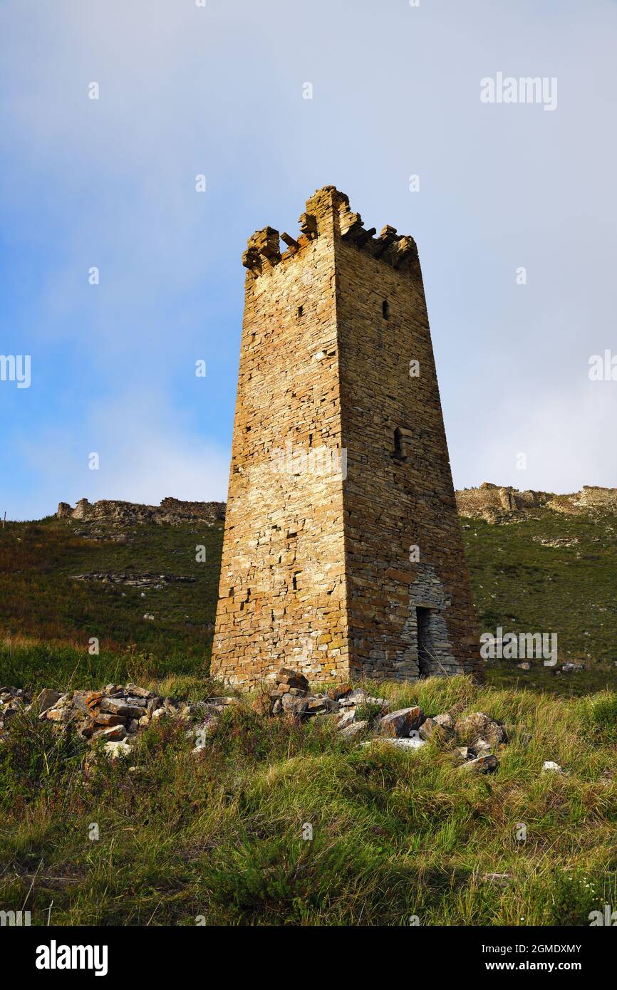 Medieval ruins building of the Harcaroy Battle Tower. Kharkaroi village, Vedensky district, Chechen Republic. Russia Stock Photo