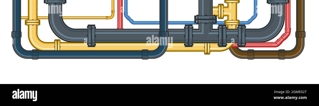 Water fittings. Pipeline for various purposes. Different colors of metal and plastic pipes. Illustration isolated on background vector. Stock Vector