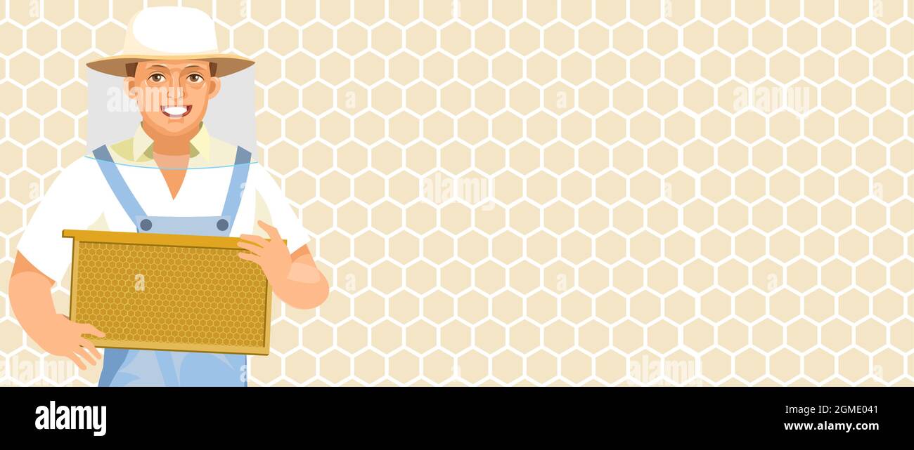 Beekeeper with a frame of honeycombs. Character in uniform and mesh protective hat. Person is a middle aged man. Against a background of wax cells. Cu Stock Vector