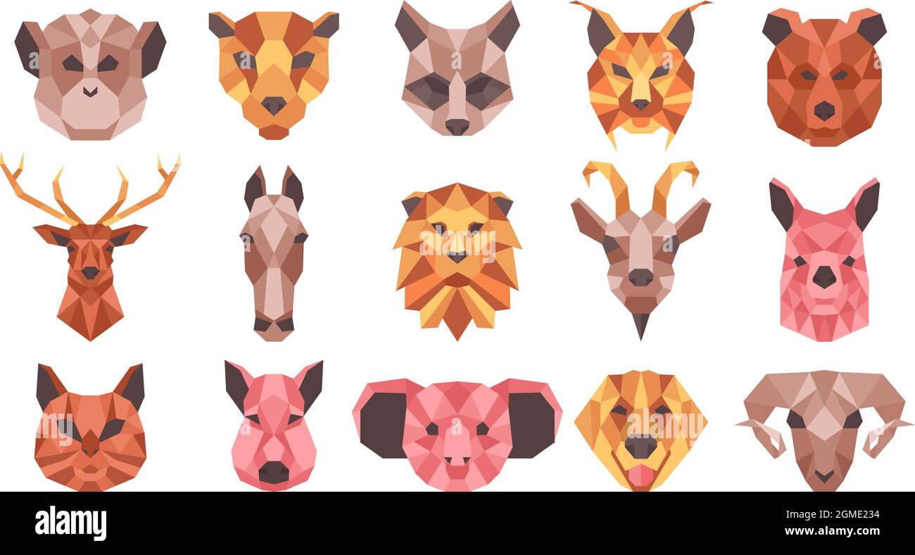 Polygonal geometric animals low poly portraits. Wild and domestic animals faces, cat, horse, racoon, goat vector illustration set. Geometric animal Stock Vector