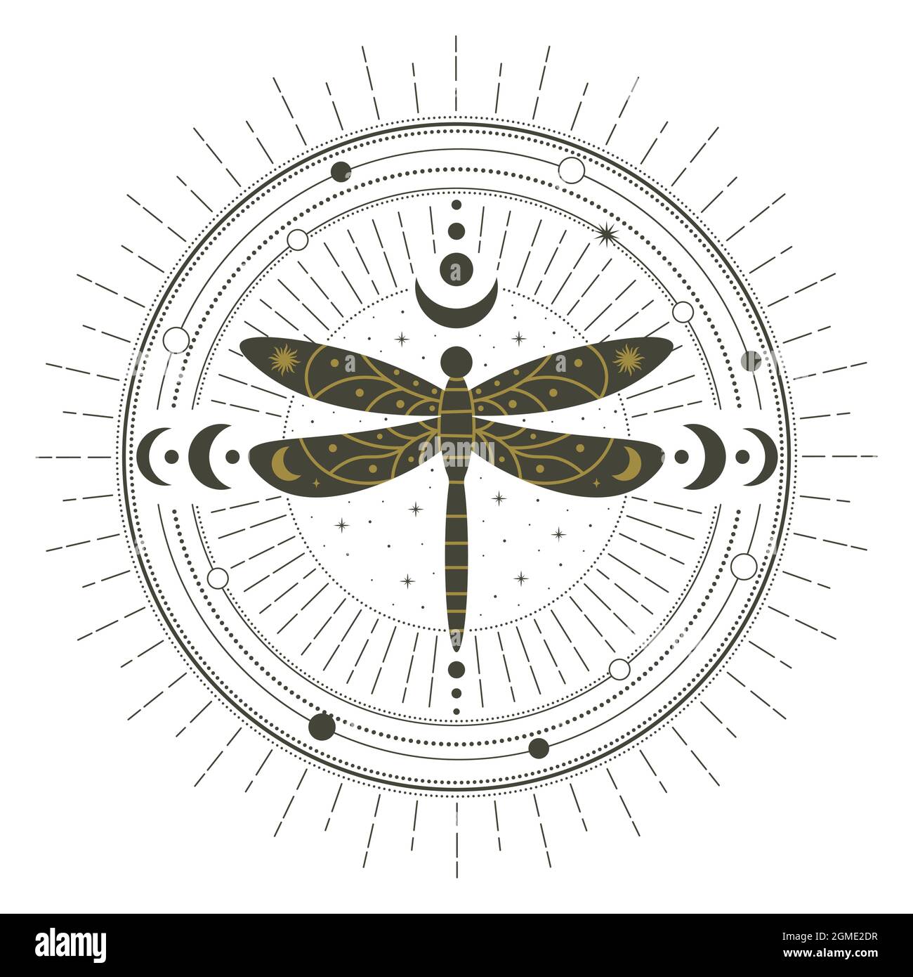 Magical witchcraft dragonfly insect mystical spell circle. Witchcraft magic spell circle, mystical dragonfly symbol vector illustration. Abstract Stock Vector