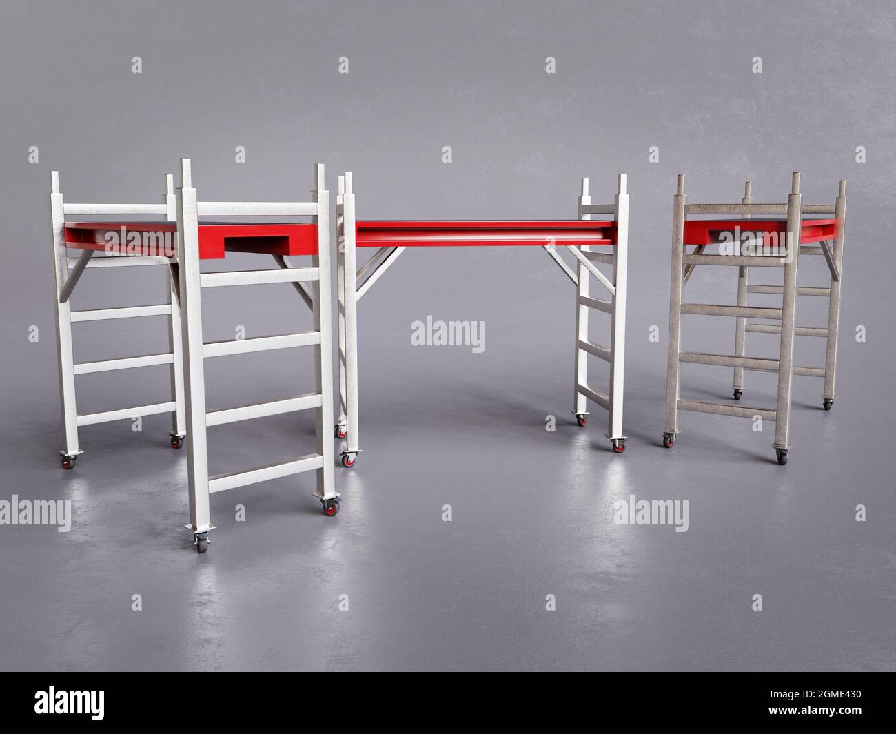 3D rendering of three mobile scaffolding units on gray background Stock Photo