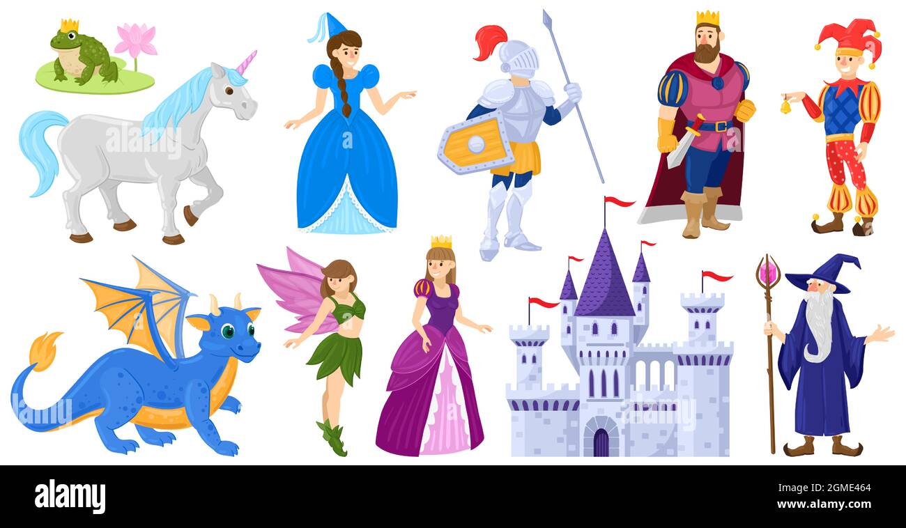 Cartoon fairy tale medieval magic world characters. Fantasy fairy tale  princess, unicorn, knight, wizard, dragon vector illustration set. Fairy  tale Stock Vector Image & Art - Alamy