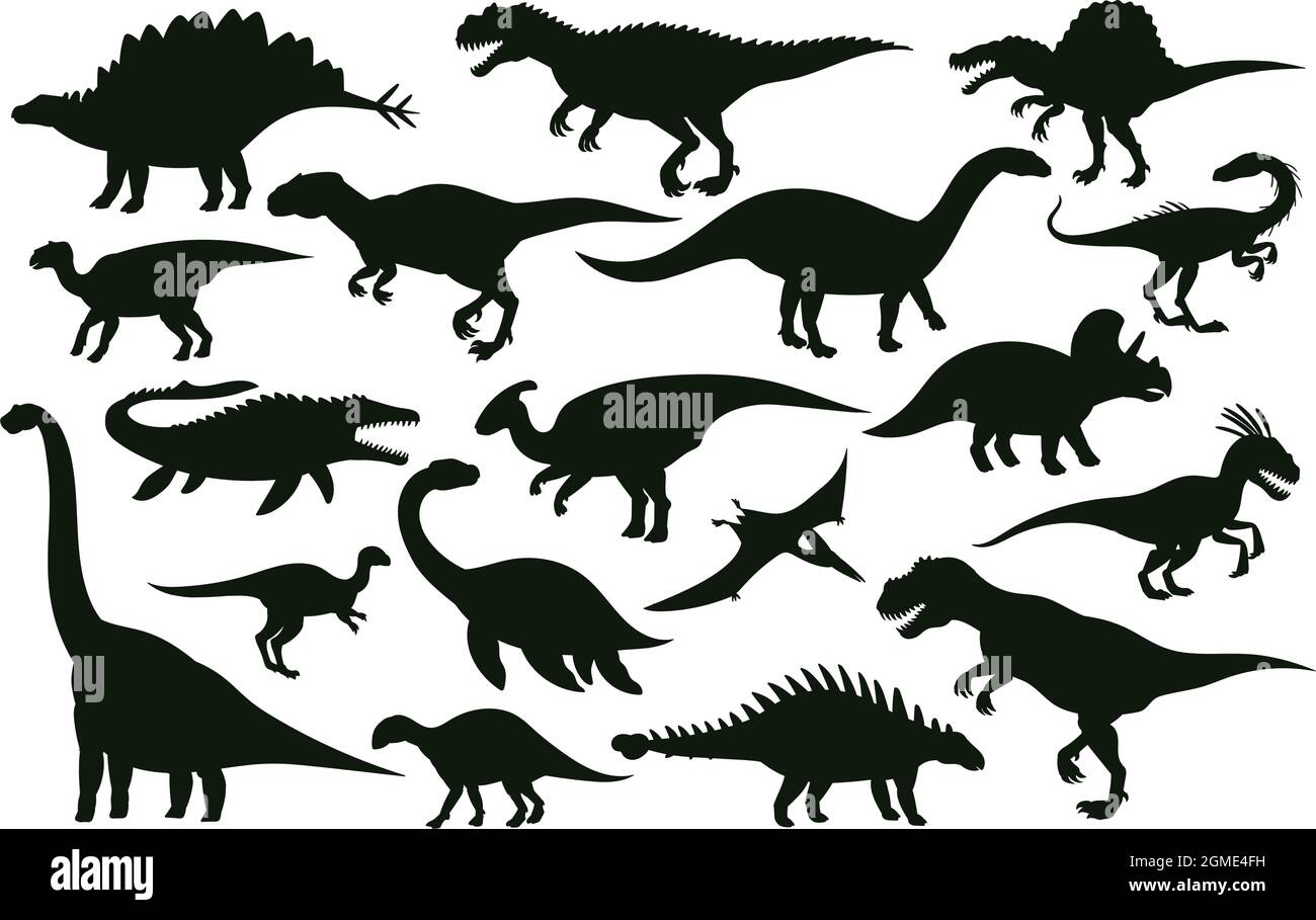 Cartoon dinosaurs, jurassic extinct dino raptors silhouettes. Jurassic extinct reptiles, ancient raptor monsters vector illustration set. Dinosaurs Stock Vector
