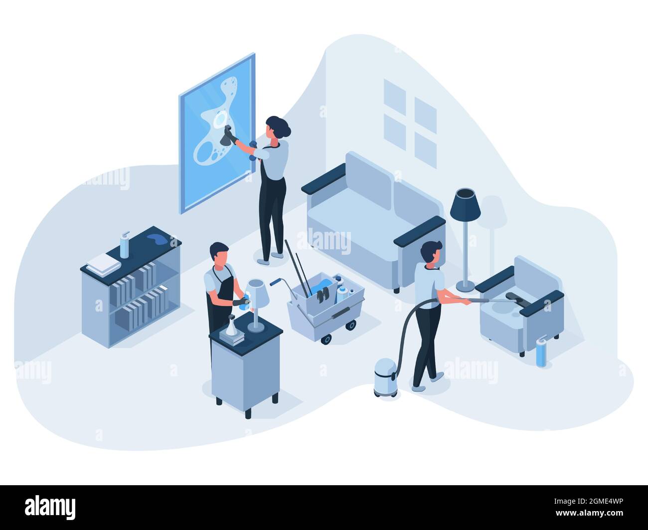 Isometric professional house cleaning service team at work. Cleaning ...