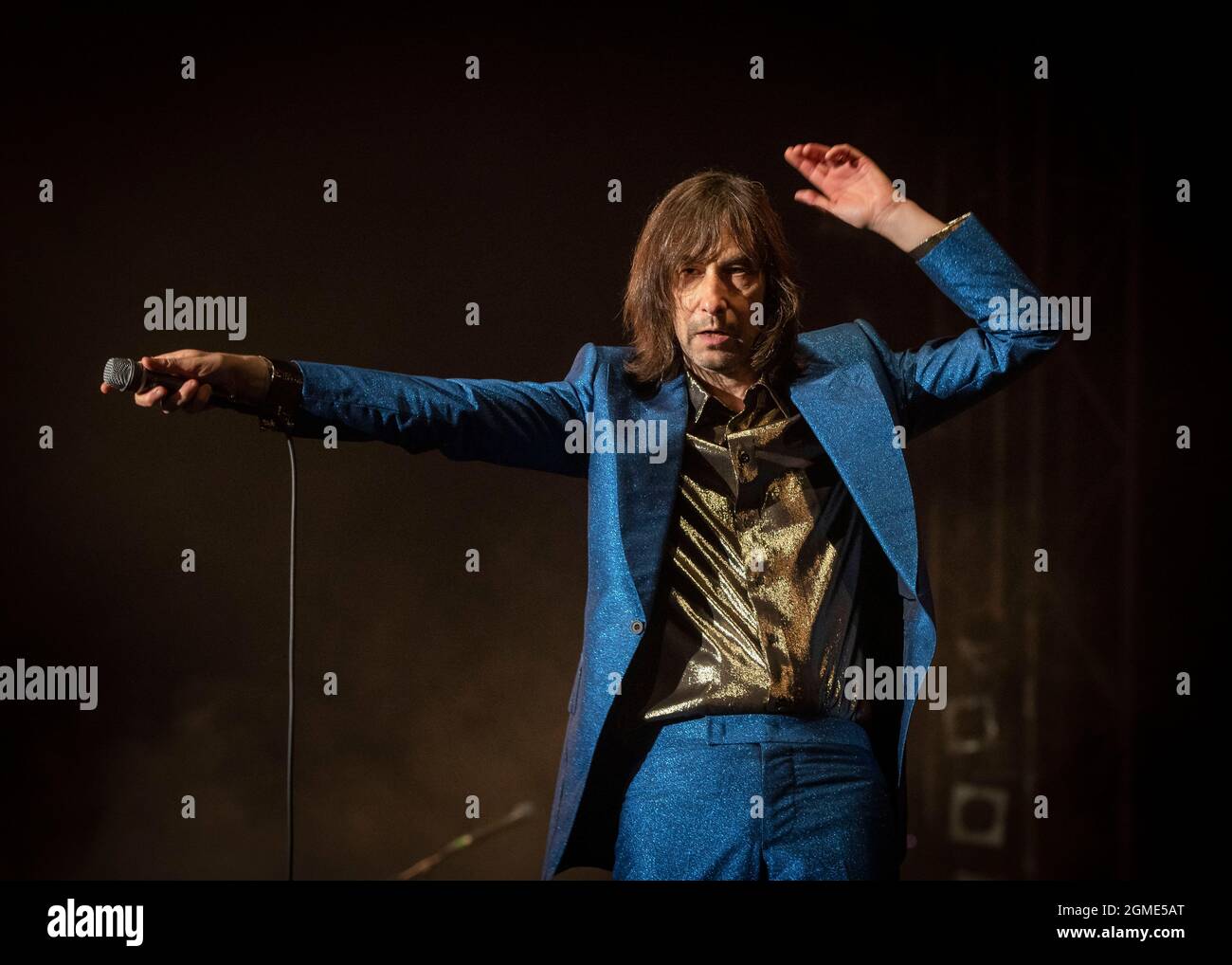 Bobbie Gillespie of Primal Scream performs live on Day 1 of the Isle of Wight Festival 2021, Seaclose Park, Newport, Isle of Wight. Picture date: Friday 17th September 2021. Photo credit should read: David Jensen/EMPICS Entertainment Stock Photo