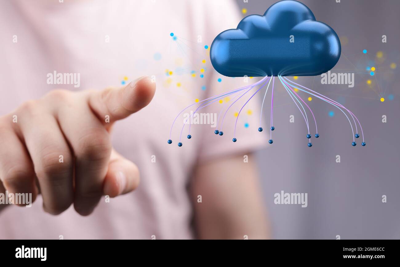 3D rendering of a hand pointing to augmented analytics data cloud ...
