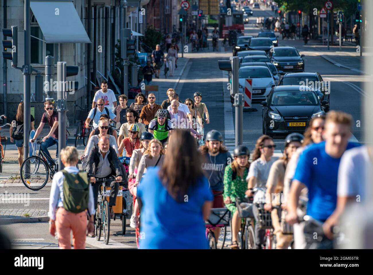 Cyclists on cycle paths, on Vester Voldgade Street, in downtown Copenhagen, is considered the cycling capital of the world, 45% of residents make thei Stock Photo