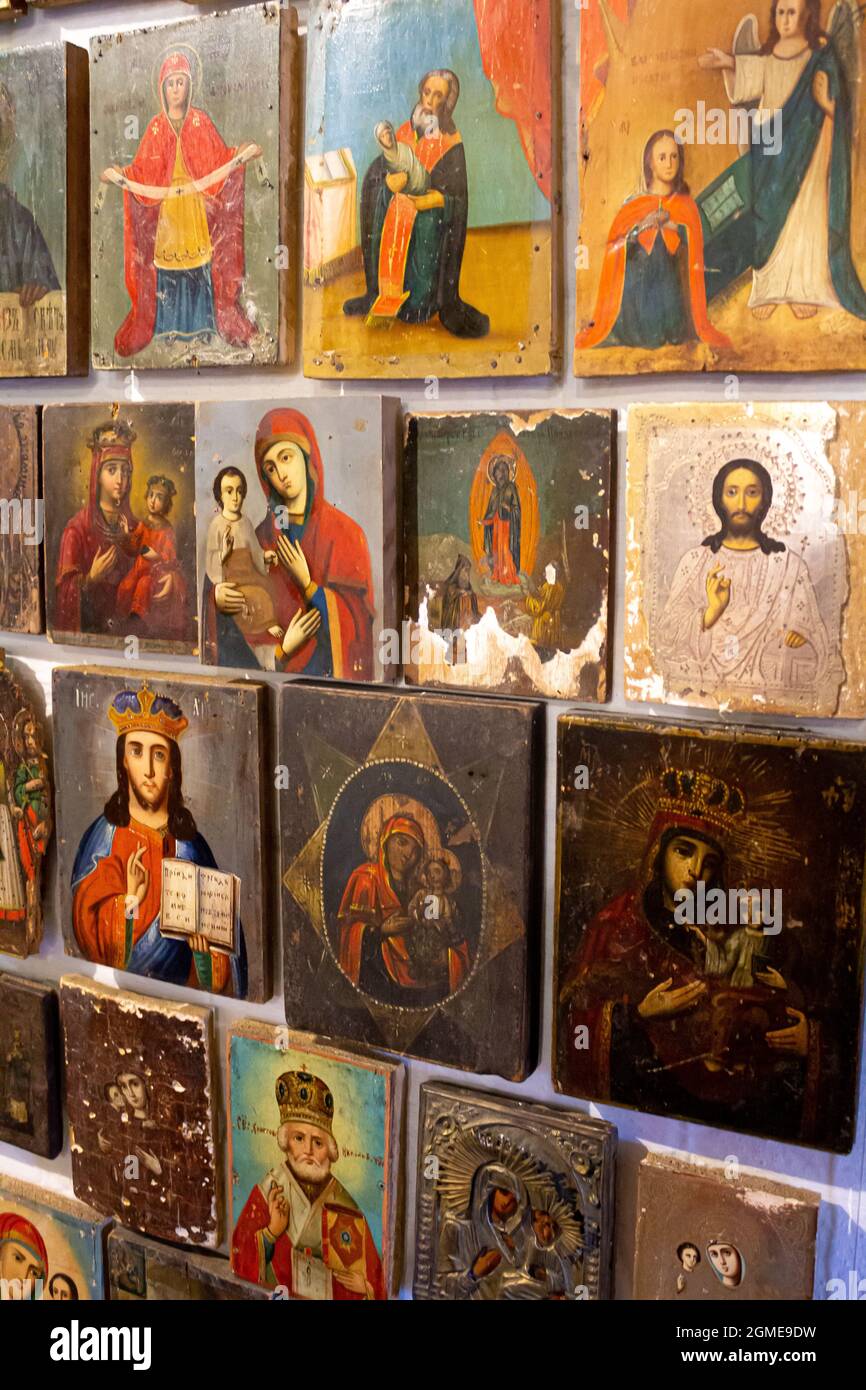 Many old icons. Orthodox icon. Image of the Saints. Virgin Mary and ...