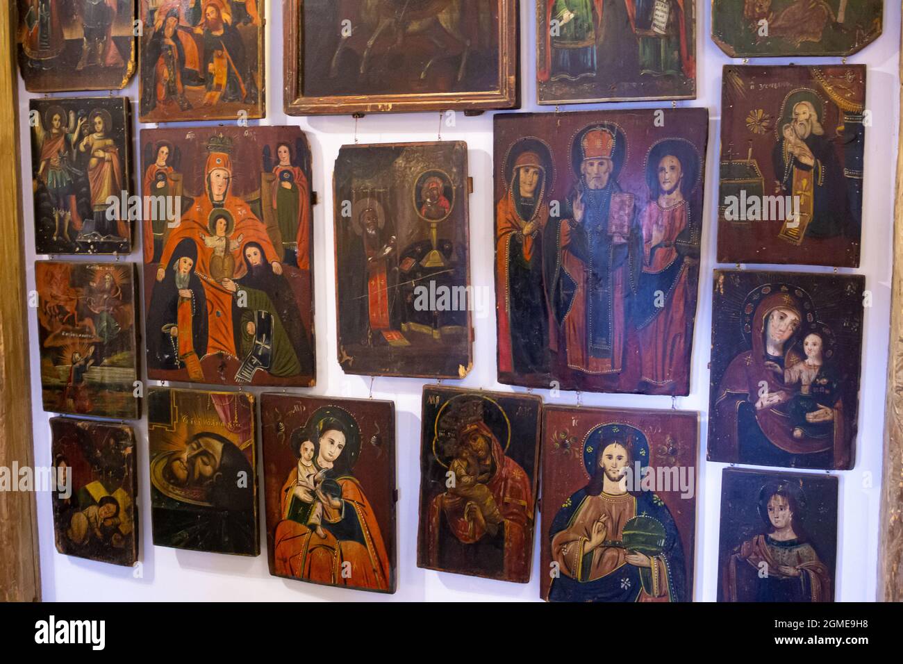 Many old icons. Orthodox icon. Image of the Saints. Virgin Mary and ...