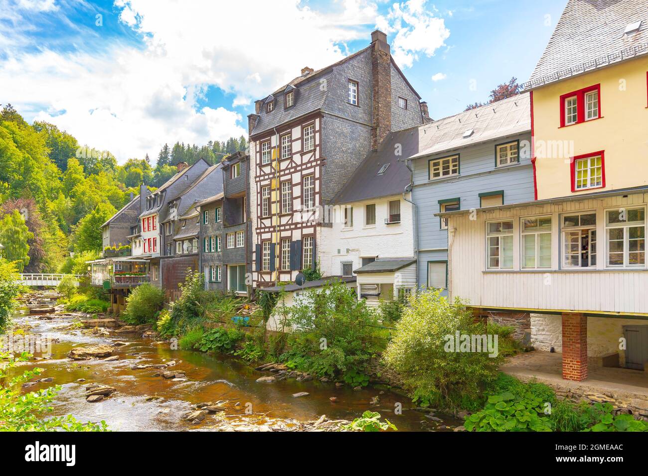 Best of the touristic village Monschau, located in the hills of the North Eifel, within the Hohes Venn – Eifel Nature Park in the narrow valley of the Stock Photo