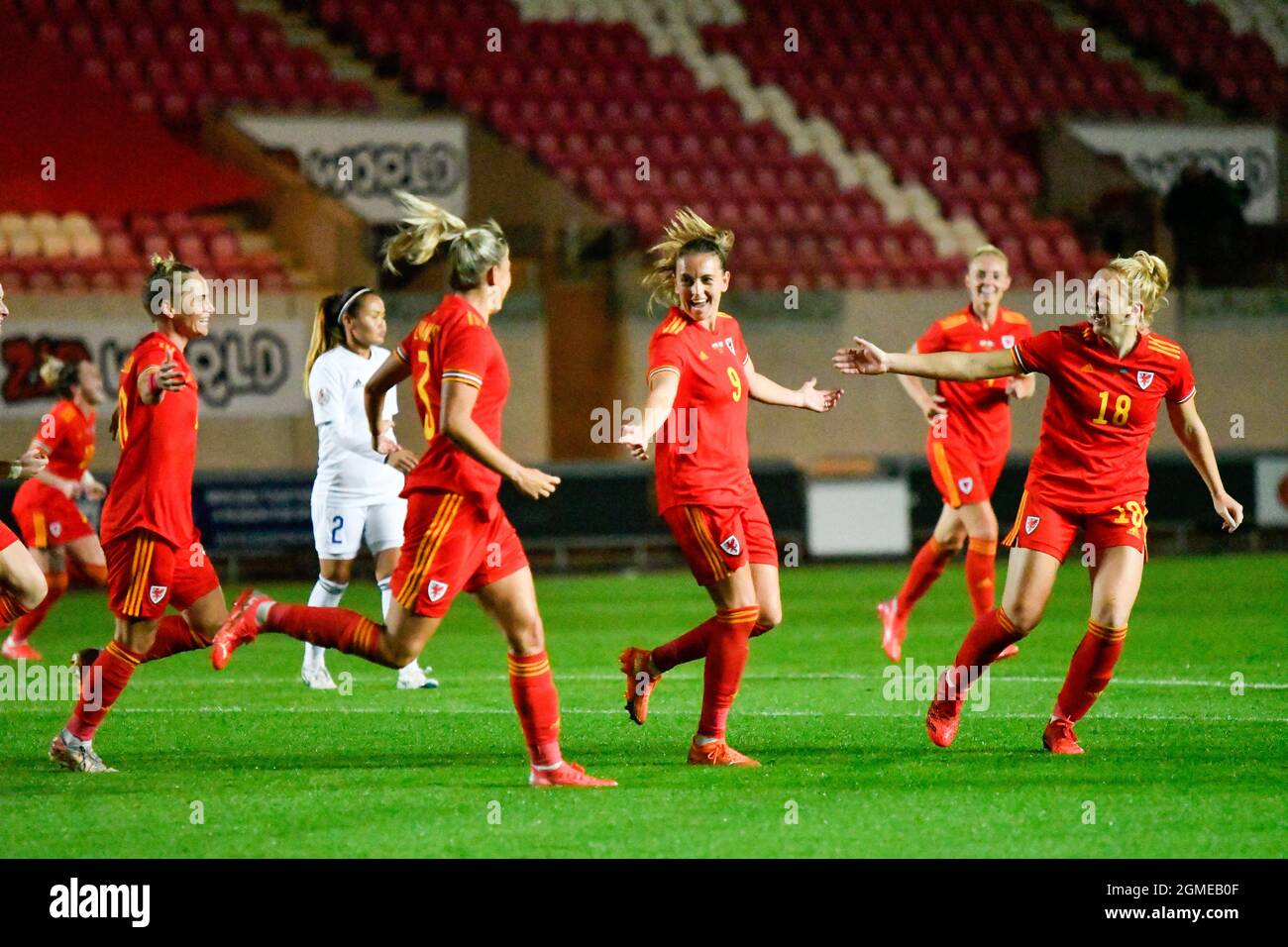 Llanelli, Wales. 17 September, 2021. Kayleigh Green of Wales Women celebrates scoring her side's fourth goal during the FIFA Women's World Cup 2023 Qualifier group I match between Wales and Kazakhstan at Parc y Scarlets in Llanelli, Wales, UK on 17, September 2021. Credit: Duncan Thomas/Majestic Media/Alamy Live News. Stock Photo