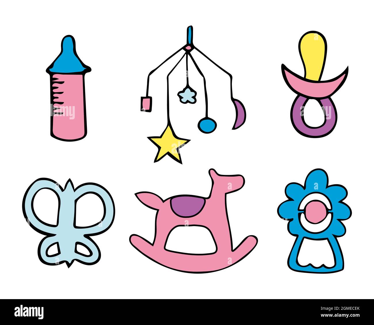 Vector illustration with kids toys, mechanical musical toy and rattle, horse and butterfly, feeding bottle.  Stock Vector