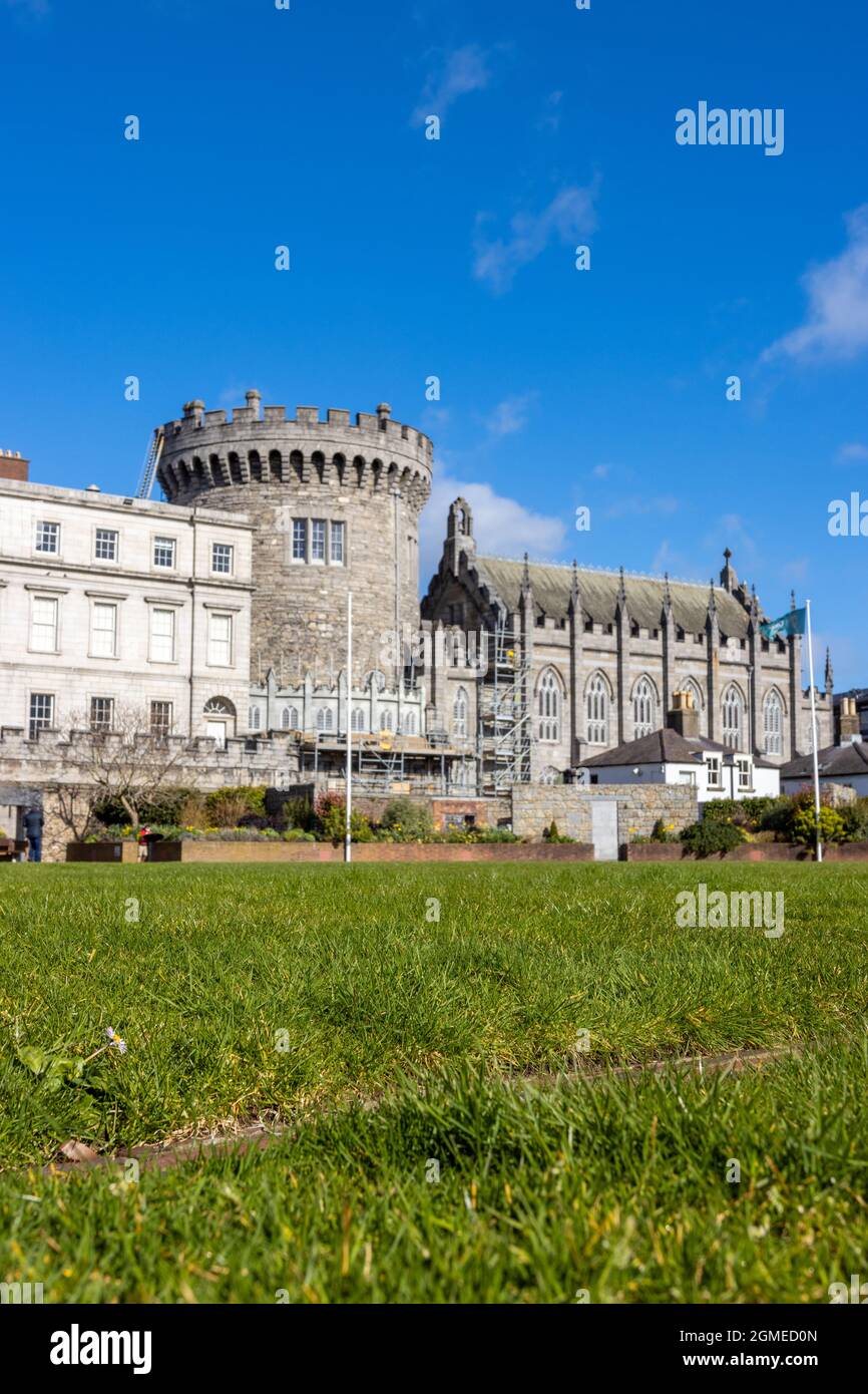 DUBLIN, IRELAND - Mar 21, 2021: A beautiful view of the front facade of an ancient castle in Dublin, Ireland Stock Photo