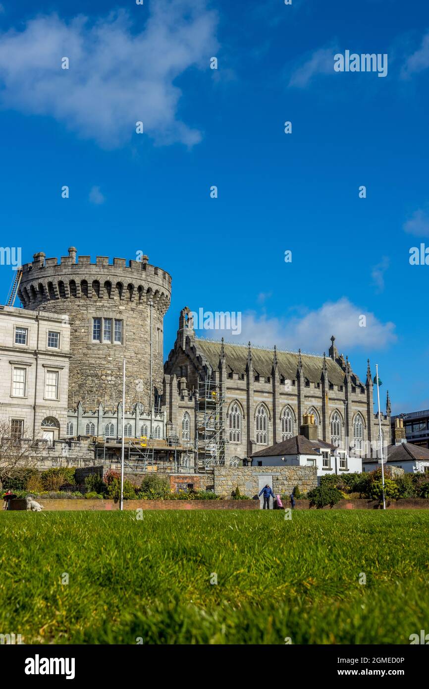 DUBLIN, IRELAND - Mar 21, 2021: A beautiful view of the front facade of an ancient castle in Dublin, Ireland Stock Photo