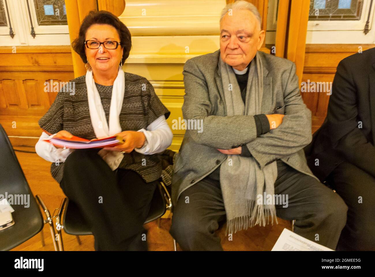 Paris, France, Christine Boutin, French Conservative politician and Homophobe, during Anti-Gay Marriage Press Debate, Mairie du 4e, (Act Up Action) religion homosexuality Stock Photo