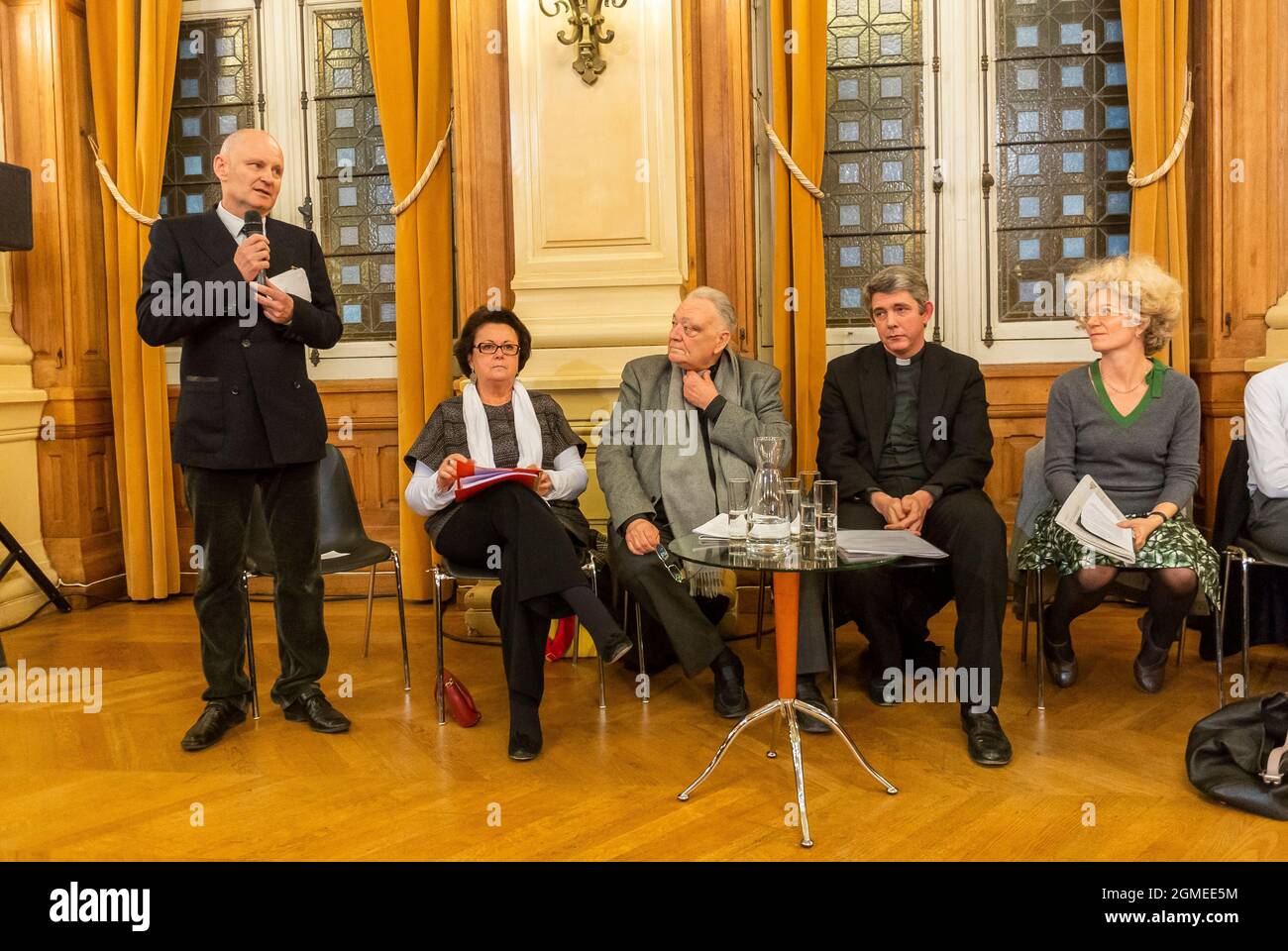 Paris, France, Christine Boutin, French Conservative politician and Homophobe, during Anti-Gay Marriage Press Debate, Mairie du 4e, Christophe Girard, former adjoint Mayor meeting france, religion homosexuality Stock Photo