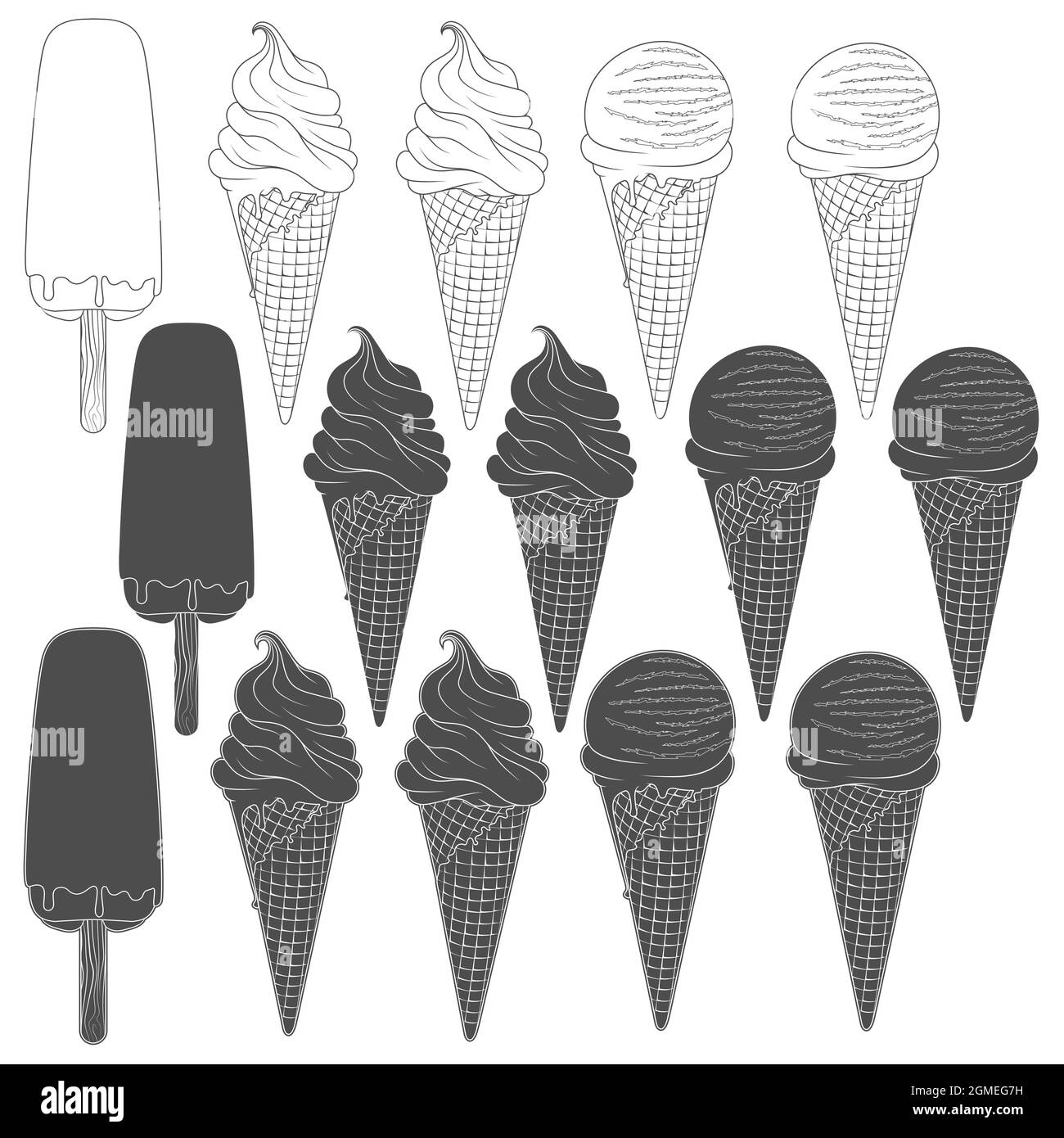 Set of black and white illustrations with ice cream. Isolated vector objects on white background. Stock Vector