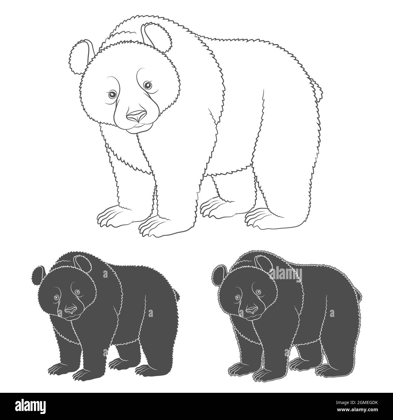 Set of black and white images with a bear. Isolated vector objects on white background. Stock Vector