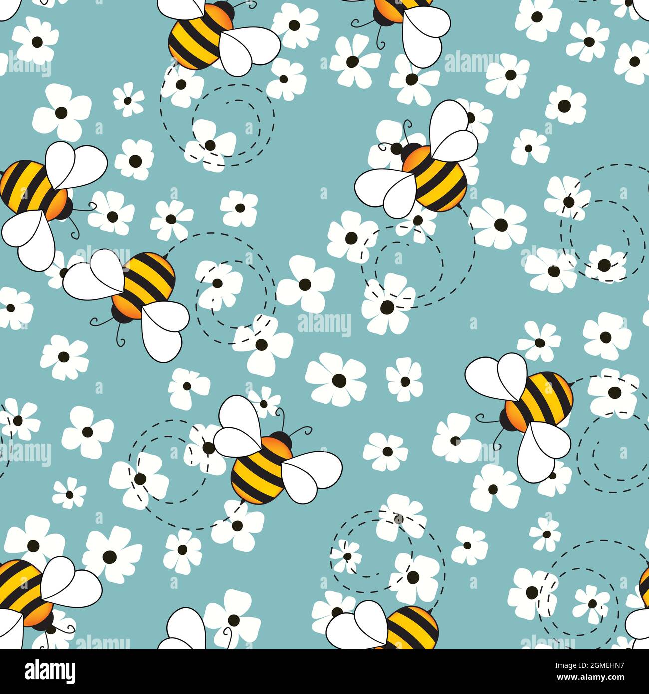 Seamless pattern with bees and flowers on color background. Small wasp ...