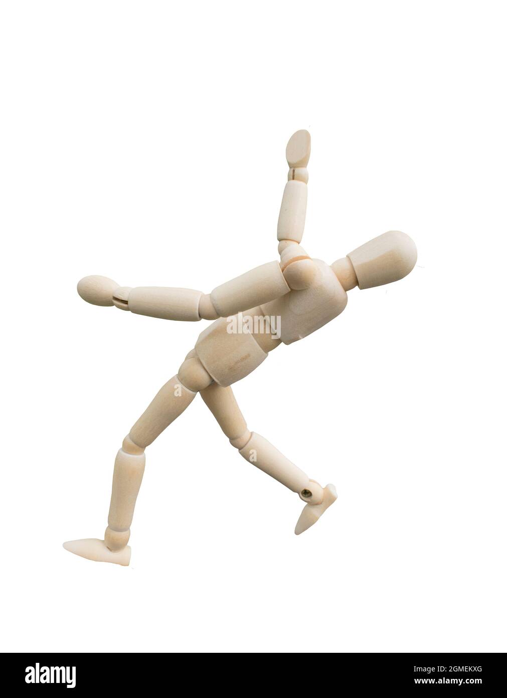 Falling accident concept. Wooden puppet act like slip down the floor on white background. Stock Photo
