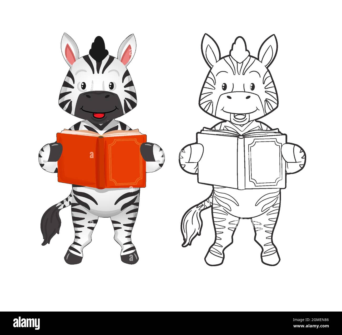 Coloring book. Cute striped zebra reading an interesting book. Vector