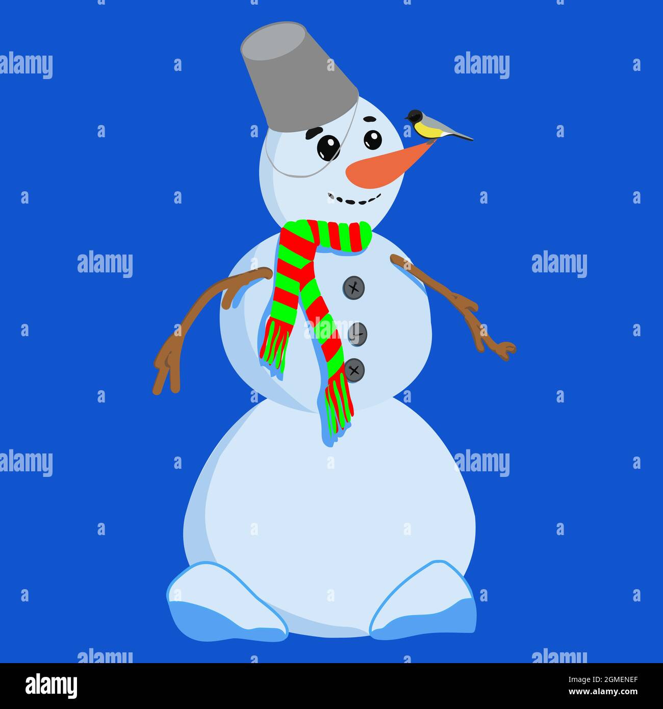 A snowman with a bucket on his head and a scarf, isolated on a blue ...