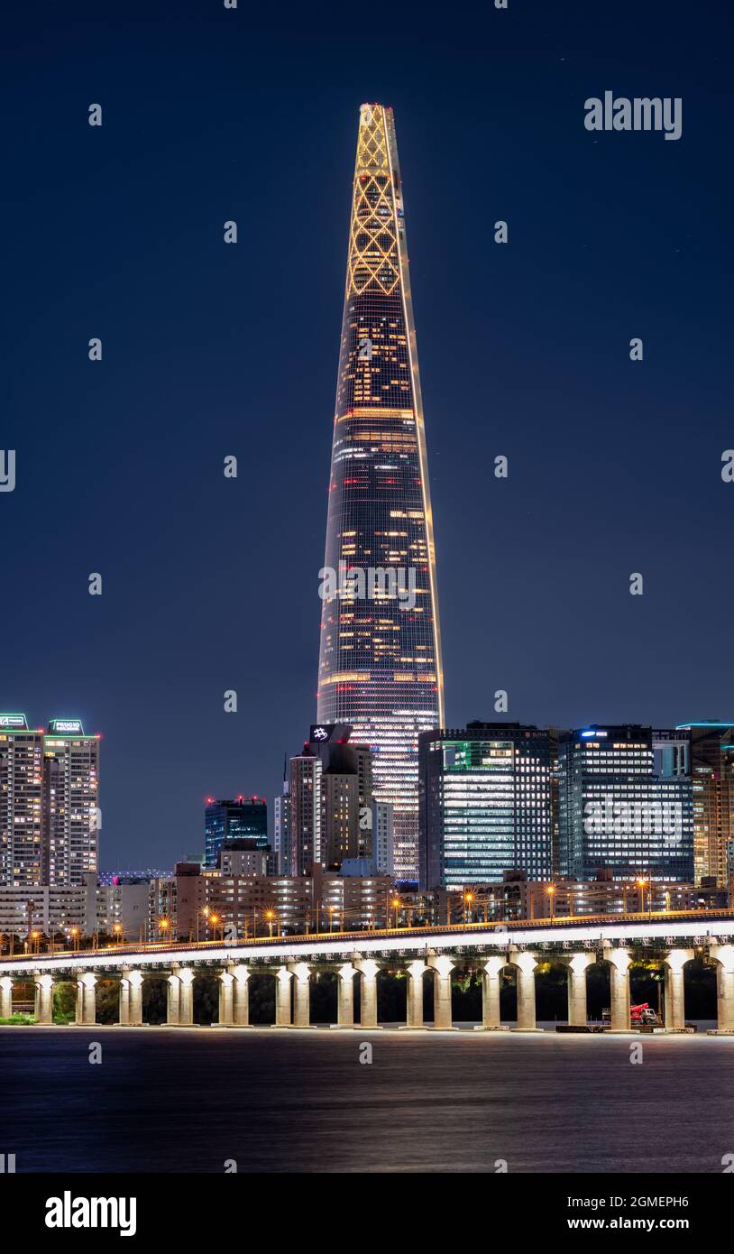 Night view of Lotte World Tower skyscraper in Seoul South Korea on September 15 2021 Stock Photo