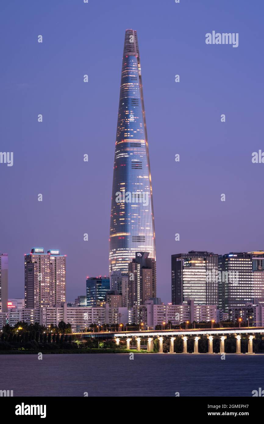 Evening view of Lotte World Tower skyscraper in Seoul South Korea on September 15 2021 Stock Photo